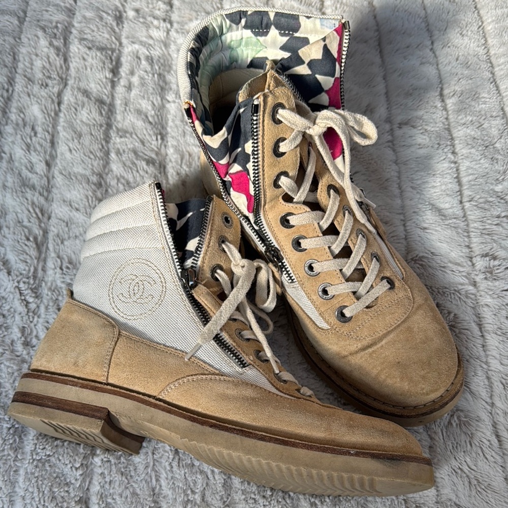 CHANEL Brown Beige High-Top Women's Lace-up Boots Size 40